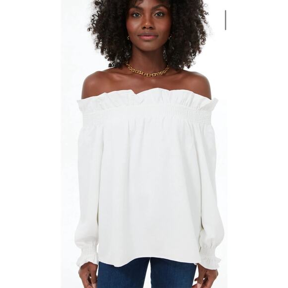 Tuckernuck Sky Blue‎ Ruffled Off-The-Shoulder Marguerite Blouse Size Small - Picture 1 of 10